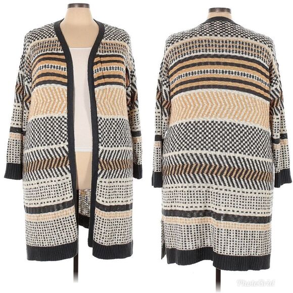 MARLED by REUNITED Color Blocked Striped Print Tan, Gray Boho Aztec Cardigan - Picture 1 of 10